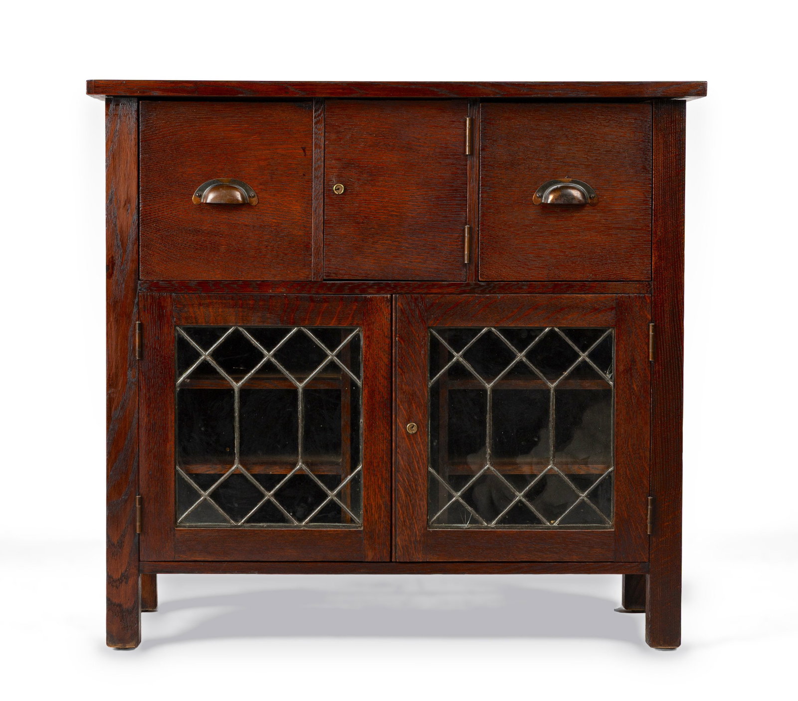 An Arts & Crafts Oak Side Cabinet with Leaded Glass Doors (1 of 3)