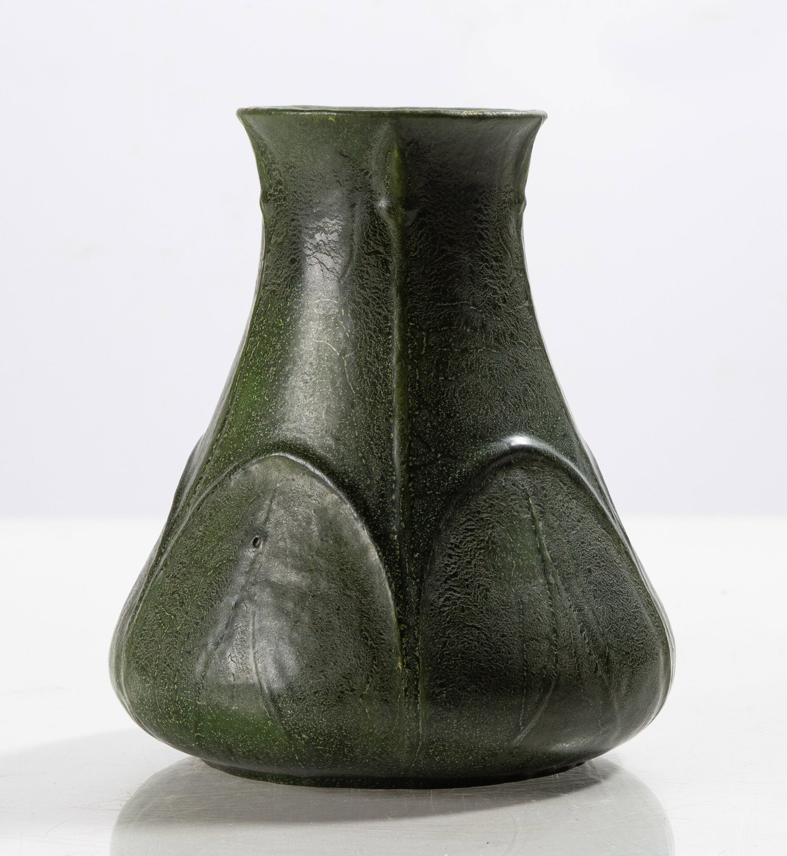 Grueby Pottery Squat Leaf-Tooled Matte Green Glazed Earthenware Vase (1 of 3)