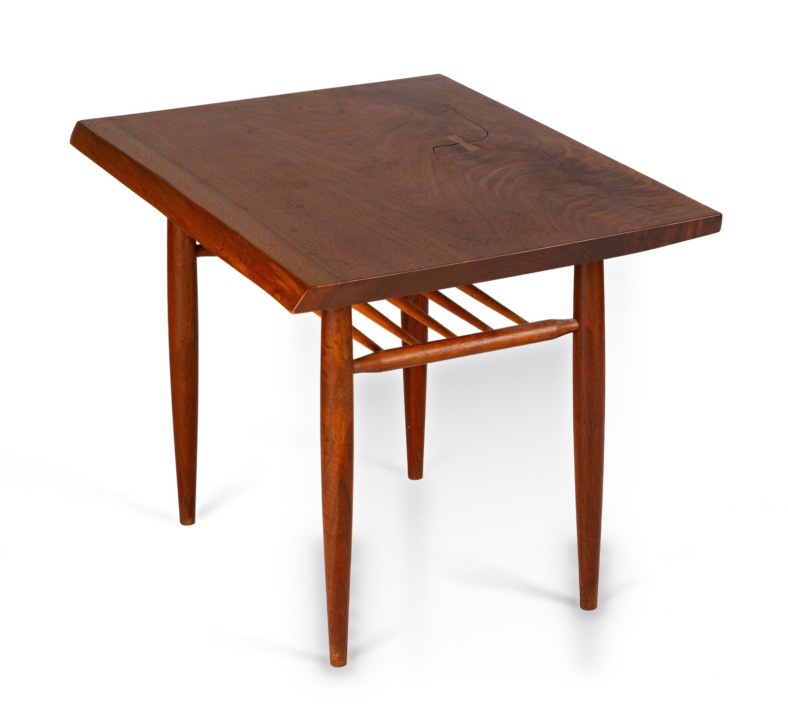George Nakashima (American, 1905-1990) End Table with Shelf: George Nakashima (American, 1905-1990) End Table with Shelf New Hope, Pennsylvania, circa 1967. American black walnut, the shelf spindles of a pale hardwood. 21 x 28 x 21 1/2 in. The Artist. Mr. & Mrs