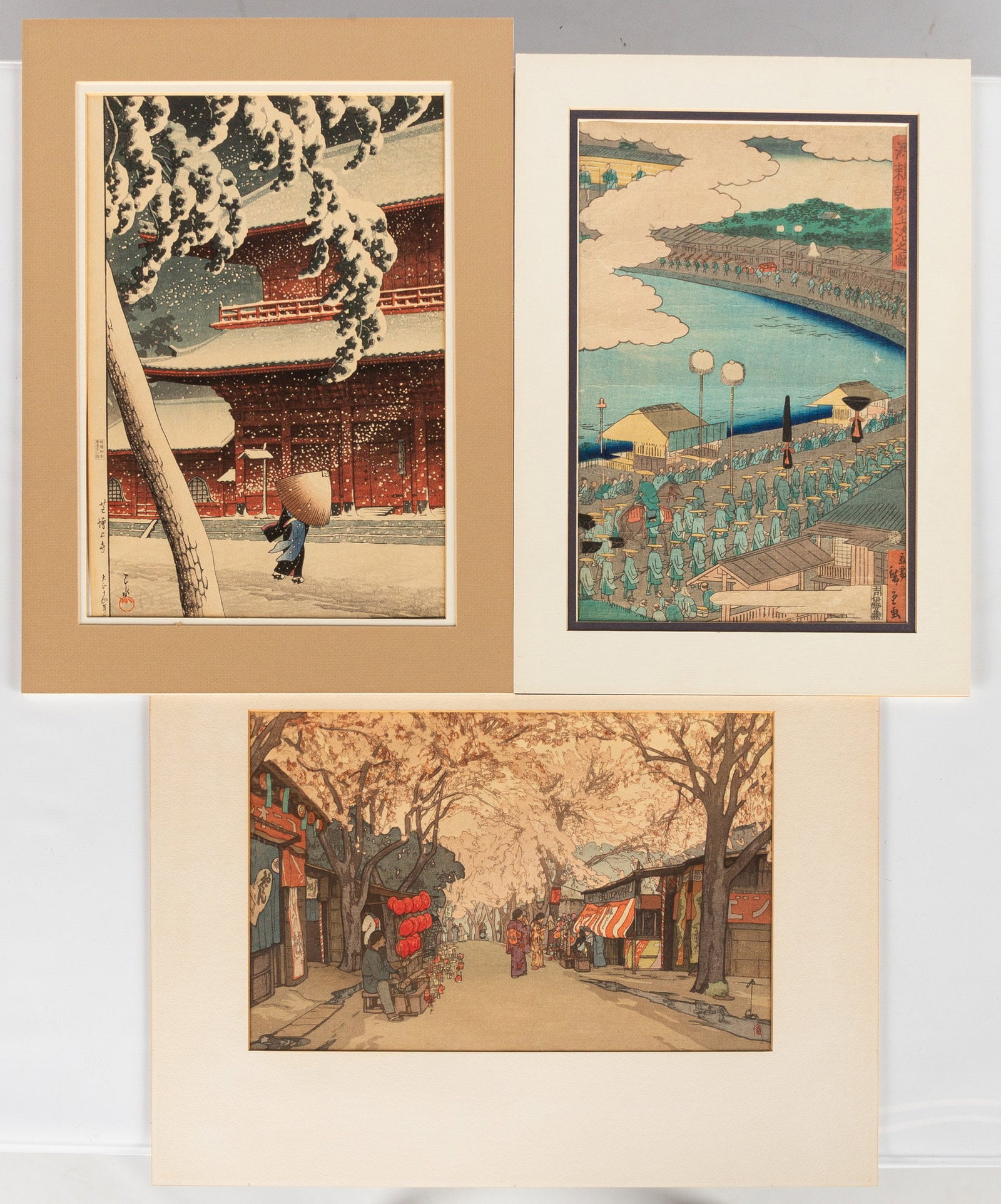 Three Japanese Woodblock Prints, Winter Landscape: Three Japanese Woodblock Prints, Winter Landscape Japan, the first dated Taisho 14 (1925). Colour woodblock prints on paper. The first signed 'Hasui' in cursive characters with the artist's round red