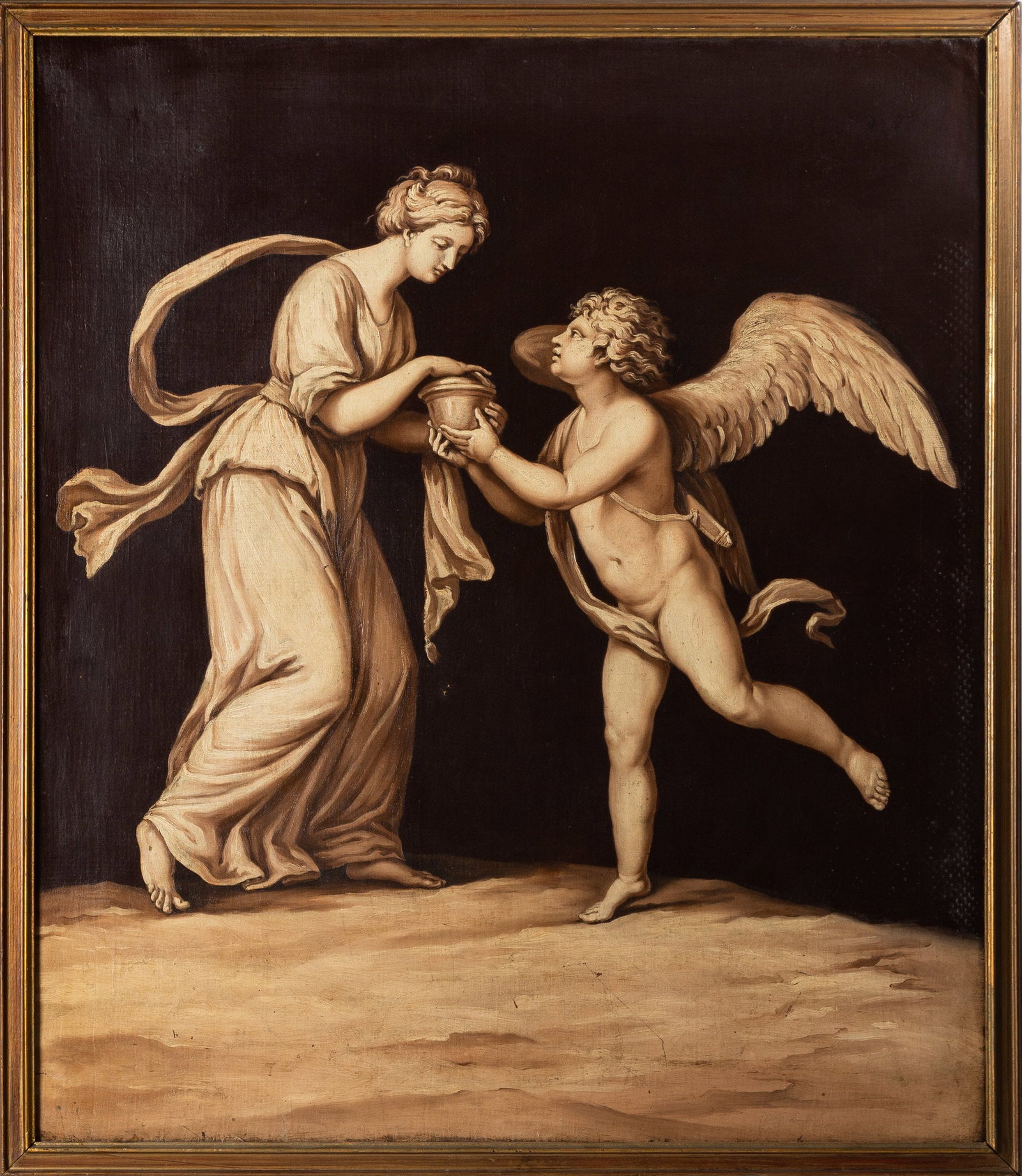 Italian School, Neoclassical Grisaille Painting of Cupid & Maiden: Italian School, Neoclassical Grisaille Painting of Cupid & Maiden Late 18th/early 19th century. Oil on canvas, painted en cama?eu in sepia grisaille. 45 x 38 1/2 in. Shipping Note: We provide our own