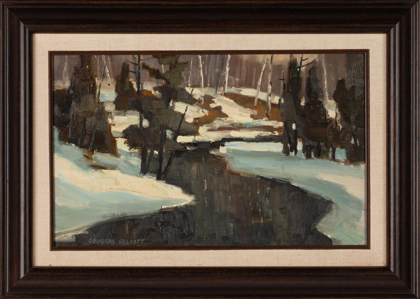 Douglas Ferguson Elliott (Canadian, 1916-2012) Winter Landscape: Douglas Ferguson Elliott (Canadian, 1916-2012) Winter Landscape Oil on canvas. Signed 'DOUGLAS ELLIOTT' in block capitals (lower left). The artist's printed label on the backing board reads '257 BELSI