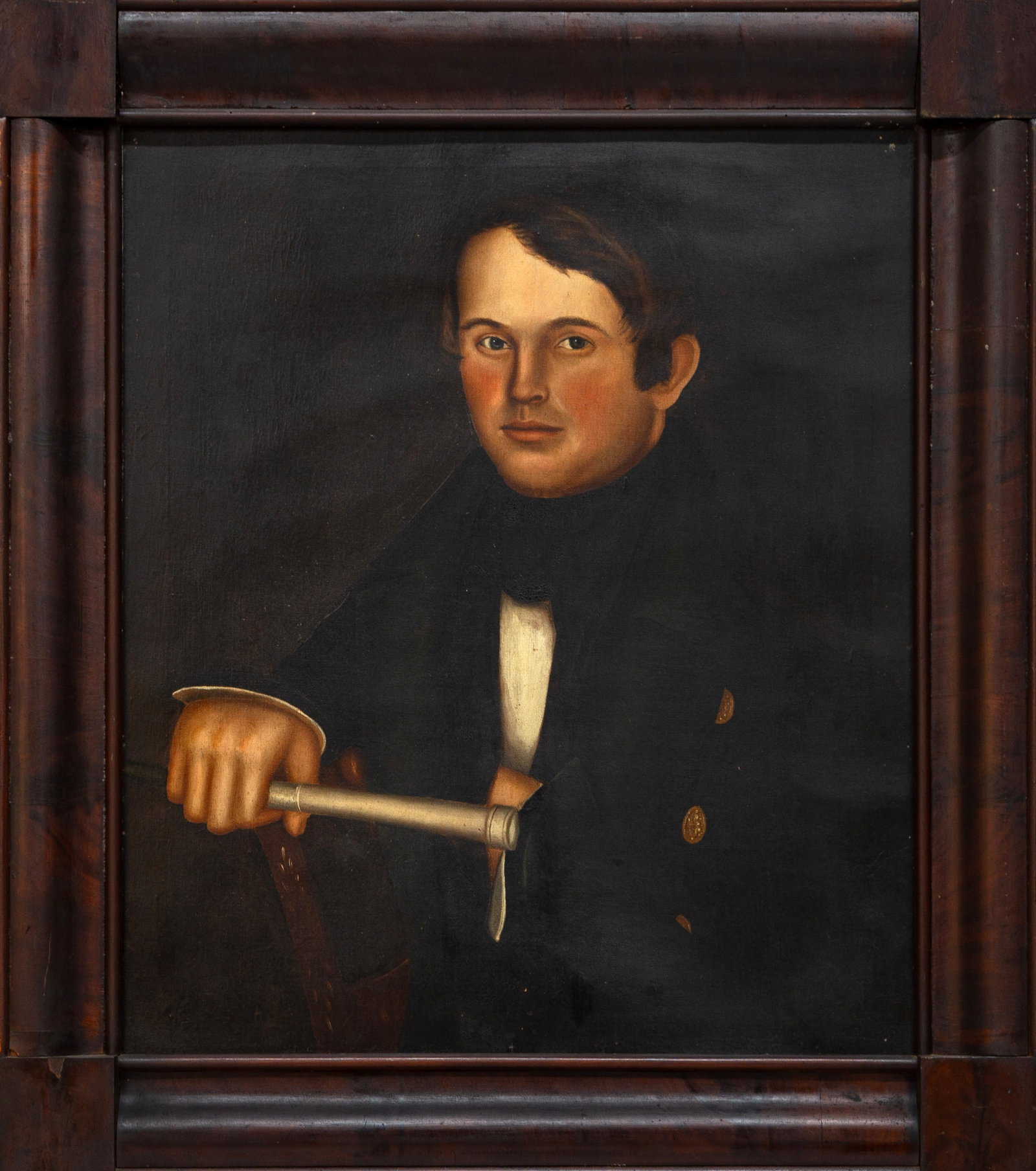 Horace Bundy (American, 1814-1883) Portrait of a Young Gentleman Holding a Spyglass: Horace Bundy (American, 1814-1883) Portrait of a Young Gentleman Holding a Spyglass Circa 1840-1850. Oil on canvas. Half-length, in a dark coat with naval buttons, holding a spyglass, probably a sea c