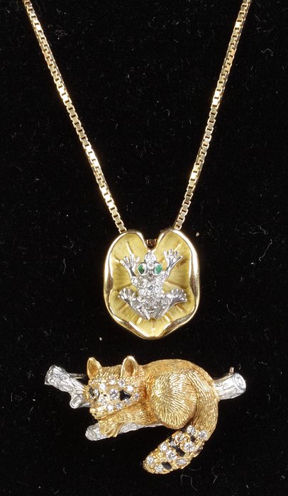 McTeigue Frog Necklace & Fox Brooch: McTeigue Frog Necklace & Fox Brooch. 18k necklace, 18k & platinum pendant of a frog on lily pad, w/diamonds & emerald eyes., Ht. 5/8". Fox brooch, diamond & enamel, L 1". .