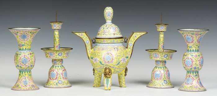 Signed Chinese Enameled Garniture Set: Signed Chinese Enameled Garniture Set. Brass trim. Max. Ht. 11" Max. W 10". A Prominent Baltimore Estate.