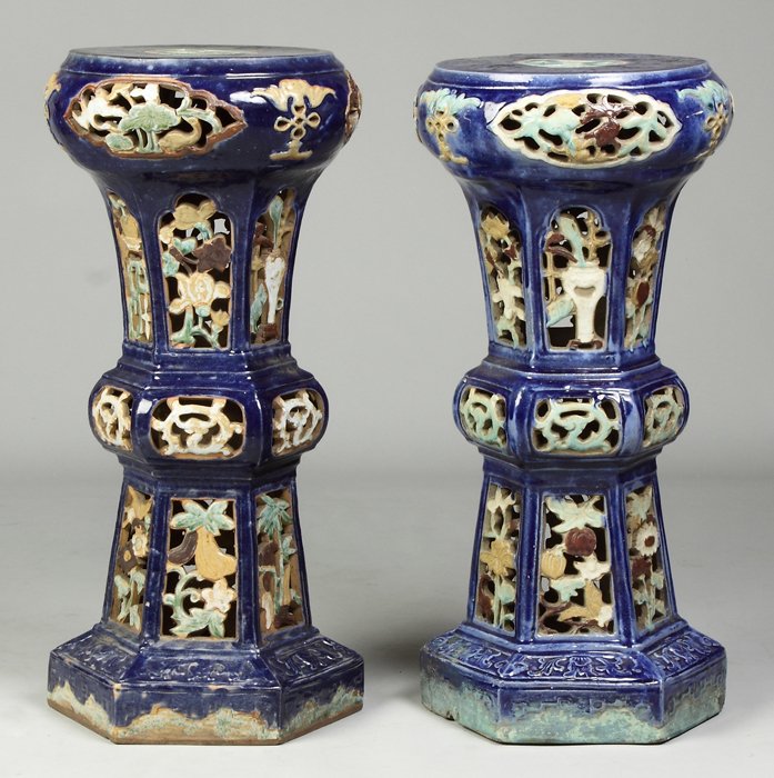 Chinese Reticulated Glazed Porcelain Garden Pedestals: Chinese Reticulated Glazed Porcelain Garden Pedestals. Decorated w/birds & fish. Ht. 30". A Private Estate.