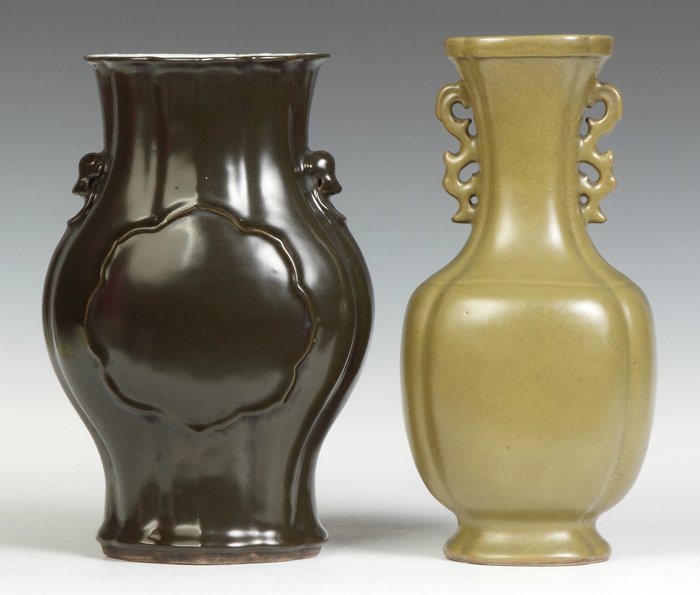 Two Chinese Porcelain Vases: Two Chinese Porcelain Vases. L: Eel skin glaze, pale blue interior, Ht. 11 1/2"; R: Tea dust vase, bottom drilled, Ht. 12". .