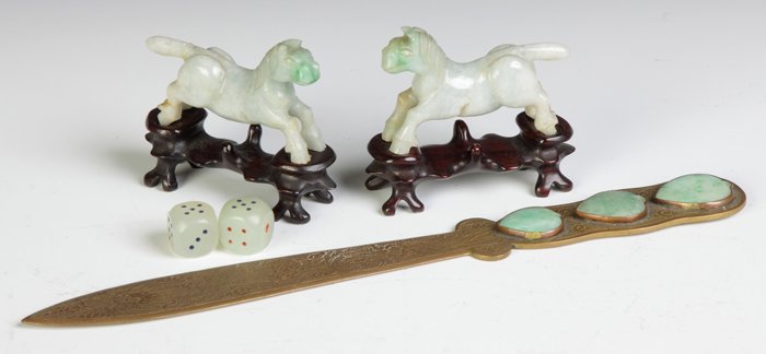 Group of Jadeite & Jade: Group of Jadeite & Jade. Horses, legs reattached; pr. jade dice; Engraved brass letter opener w/jadeite hearts. Max. L 10".