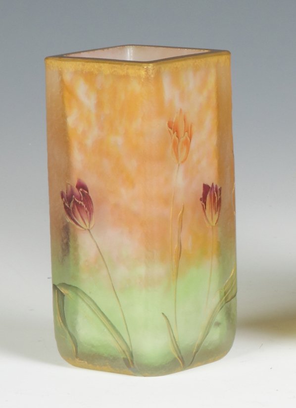 Sgn. Daum Nancy Acid Cut Back & Enamel Vase: Sgn. Daum Nancy Acid Cut Back & Enamel Vase. Floral design. Ht. 5".