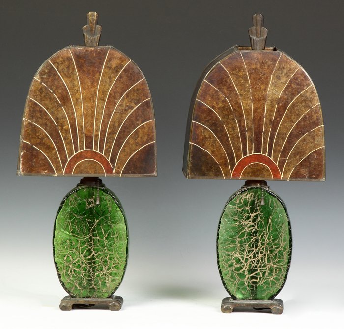 Pair of Art Deco Lamps: Pair of Art Deco Lamps. Crackle glass, metal bases & mica shades. Ht. 20" W 9".