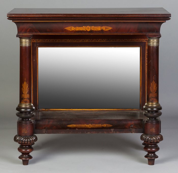 Classical Mahogany & Stenciled Pier Table: Classical Mahogany & Stenciled Pier Table. Early 19th cent. Together w/custom marble top. Ht. 36" W 37" D 18". A Private Midwest Collection.