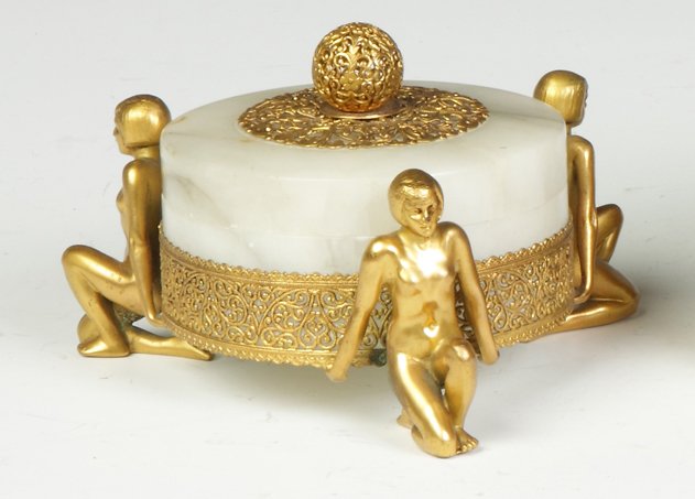 Austrian Gilt Bronze & Alabaster Dresser Jar: Austrian Gilt Bronze & Alabaster Dresser Jar. Early 20th cent., w/nude figures. Ht. 4" Max. W 5 1/2". A Syracuse, NY, Collection.