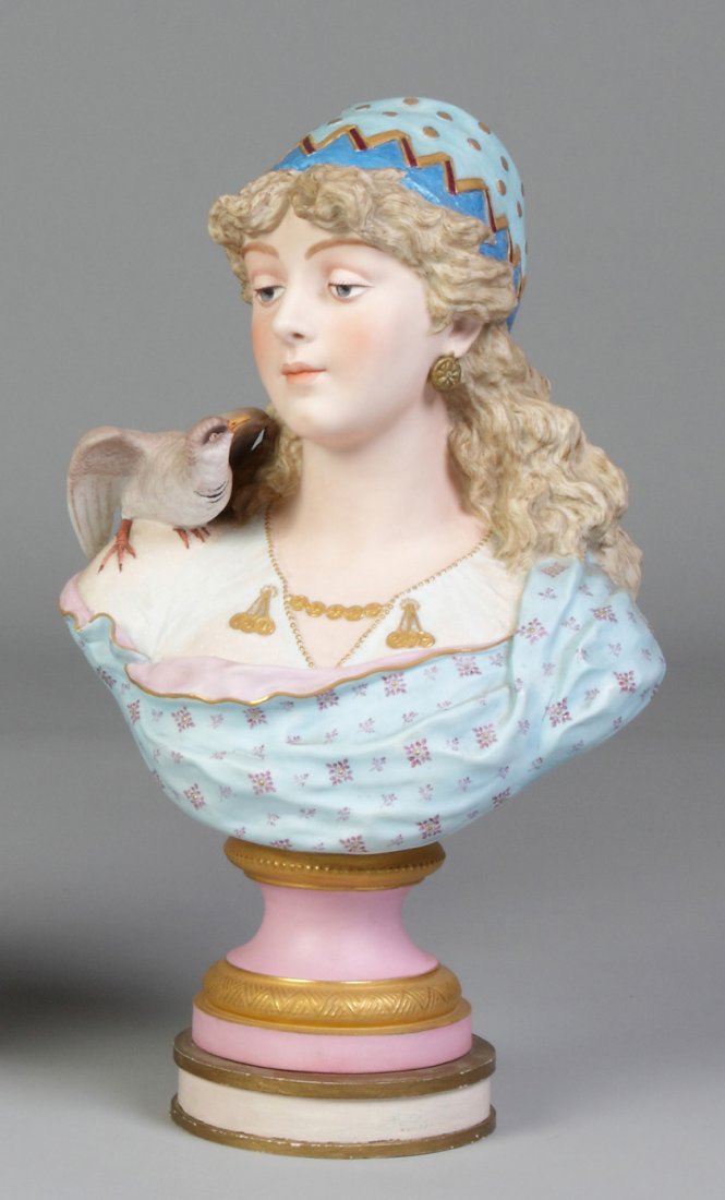 G. Levy Painted & Enameled Bisque Bust of Middle: G. Levy Painted & Enameled Bisque Bust of Middle Eastern girl w/bird. Incised on reverse, G. Levy. Ht. 21". A Buffalo, NY Estate.