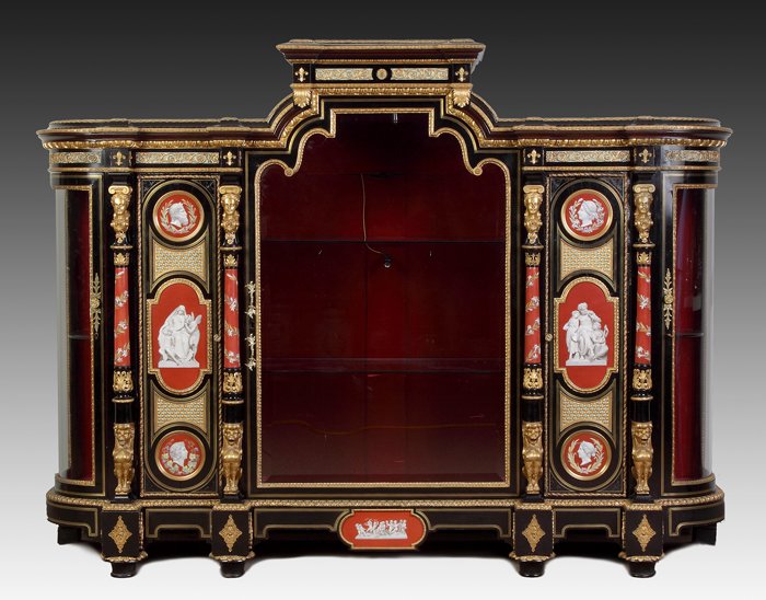 Fine Monumental Napoleon III Ebonized & Inlaid: Fine Monumental Napoleon III Ebonized & Inlaid Porcelain Cabinet. 19th cent. Sgn. KPM plaques. Gilt bronze mounts. Ht. 64" W 84" D 22". A Buffalo, NY Estate.
