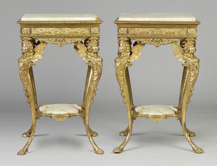 Pair of Brass & Onyx Two-Tier Stands: Pair of Brass & Onyx Two-Tier Stands. 19th cent. W/cherubs & paw feet. Ht. 31" W 19". A Buffalo, NY Estate.