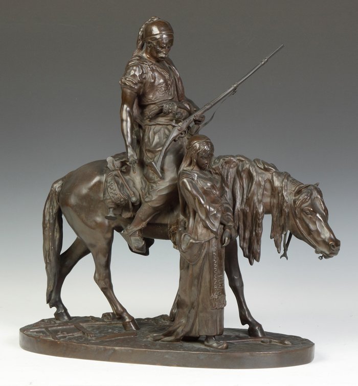 Attr to Pierre Jules Mene (French, 1810-1879) Bronze: Attr to Pierre Jules Mene (French, 1810-1879) Bronze Sculpture of an Arab figure on horse with slave girl. Sgn. On base. Ht. 20" L 20". A Private Estate.