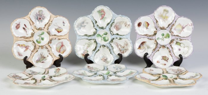 Six Haviland & Co., Limoges, Oyster Plates: Six Haviland & Co., Limoges, Oyster Plates. By J.S. Beecher. Hand painted w/marine life. Dia. 9". Property of the Strong, sold to benefit the museum's collections fund.