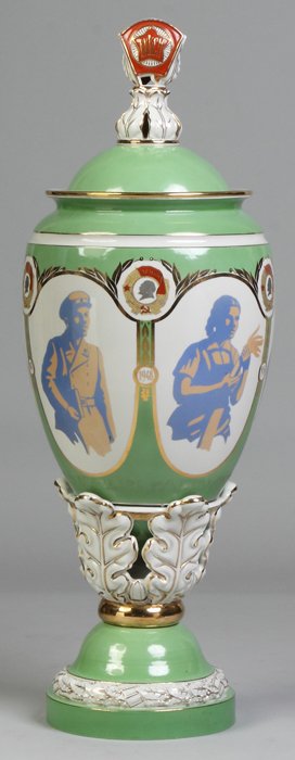 Monumental Soviet Covered Urn: Monumental Soviet Covered Urn. 5 portraits on blue backgrounds, depicting workers, Red Army, etc. Ht. 34".