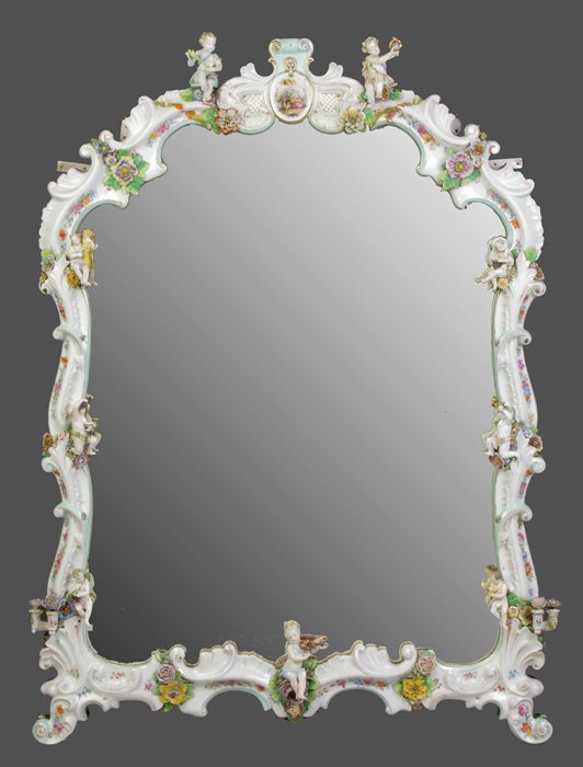 German Hand Painted Porcelain Mirror with Applied