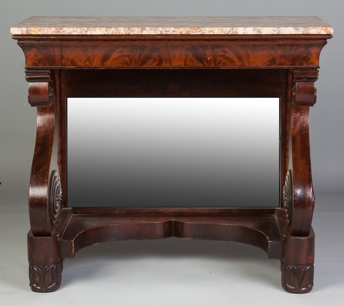 Classical Mahogany Marble Top Pier Table: Classical Mahogany Marble Top Pier Table. Ht. 36" W 42" D 20". A Private Midwest Collection.