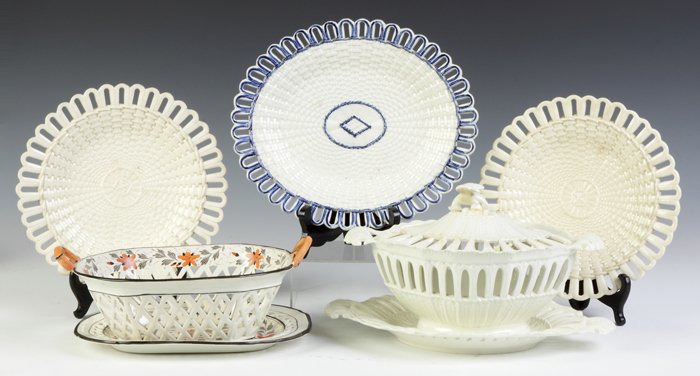 Early Creamware Serving Pieces: Early Creamware Serving Pieces. L & R, Wedgewood reticulated plates. Max. Ht. 7" W 12 1/2". A Private Collection.