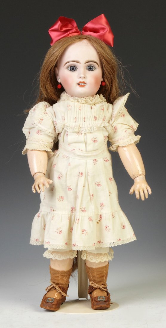 Jumeau French Doll: Jumeau French Doll. Marked Tete Jumeau. Jointed composition body, marked Tete Jumeau. Blown paperweight eyes, pierced ears. Syracuse, NY, Family. Ht. 17"