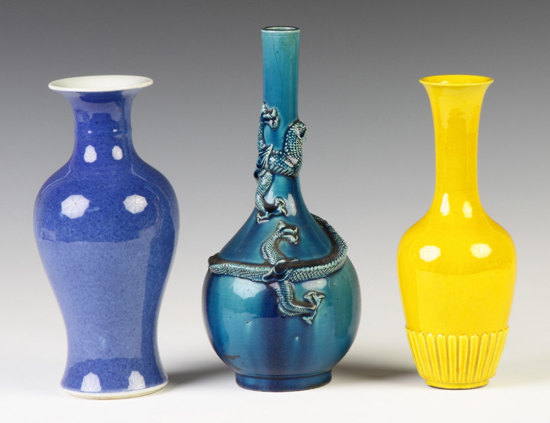 3 Chinese Vases: 3 Chinese Vases. 2 ceramic (left/rt), 1 porcelain w/double circle mark. A Private Estate. Max Ht. 11"