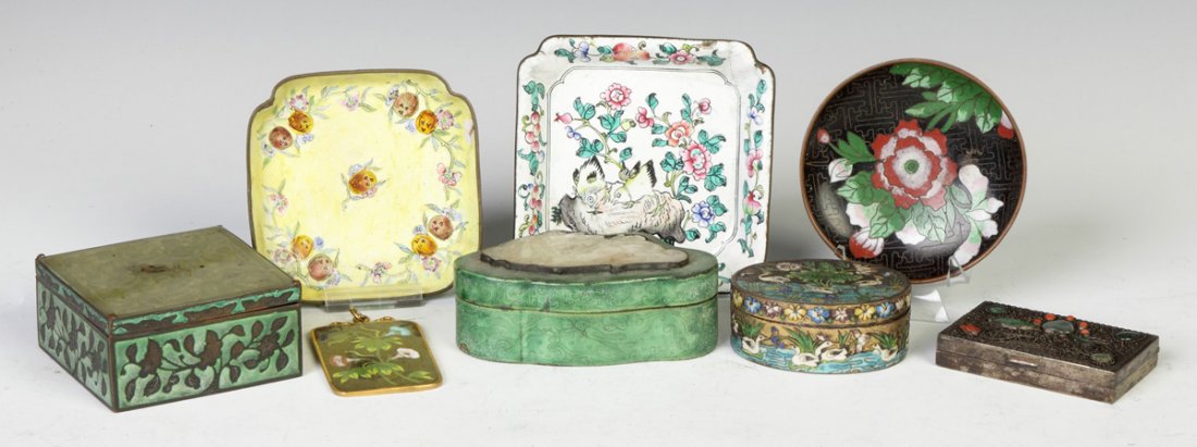 Various Chinese Covered Boxes & Enameled Trays: Various Chinese Covered Boxes & Enameled Trays. Jadeite covers. Cloisonné pendant. A Private Estate. Tray Ht.: 4"