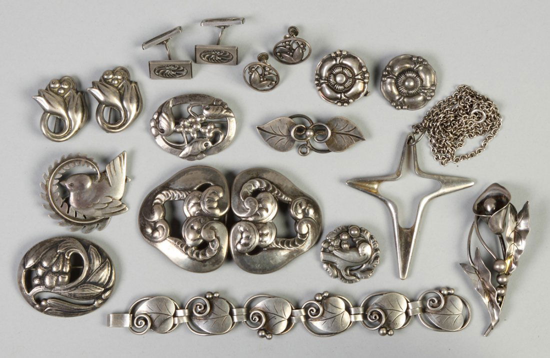 Georg Jensen Sterling Silver Jewelry: Georg Jensen Sterling Silver Jewelry. Pins, bracelet, earrings, cuff links, necklace w/orig. box. 7.8 ozt. A Private Estate. Bracelet L 6"