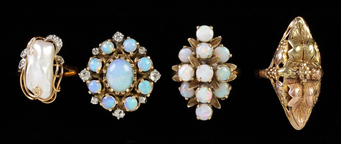Four Vintage Gold Rings: Four Vintage Gold Rings. 14k & pearl; 14k & opals; 18k & opals; 10k, black hills gold. A Private Estate.