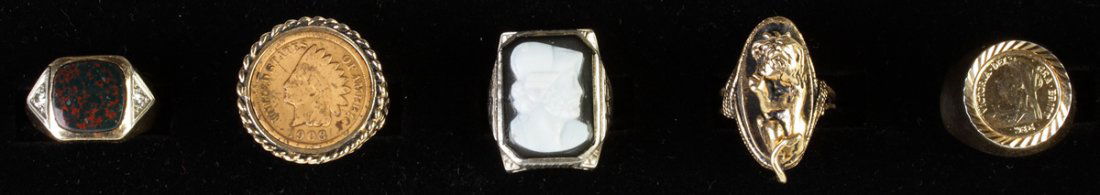 Five Vintage Rings: Five Vintage Rings. 14k; 18K, marked Hge; 10k cameo ring; tiger, 14K; last one unmarked. A Private Estate.
