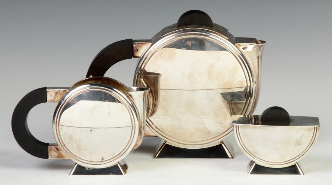 Christolfe Art Deco 3-Pc. Silver Plate Tea Set w/Ebony: Christolfe Art Deco 3-Pc. Silver Tea Plate Set w/Ebony Handles. Max. Ht. 7"