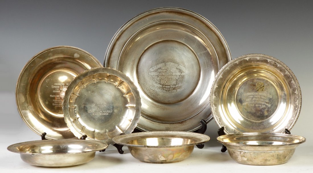 Group of 7 Sterling Silver Kennel Club Presentation: Group of 7 Sterling Silver Kennel Club Presentation Trays & Bowls. All inscribed. Makers incl. Gorham, Kirk, International, etc. All inscribed. 109 ozt. A Private Estate. Max. Dia. 14"