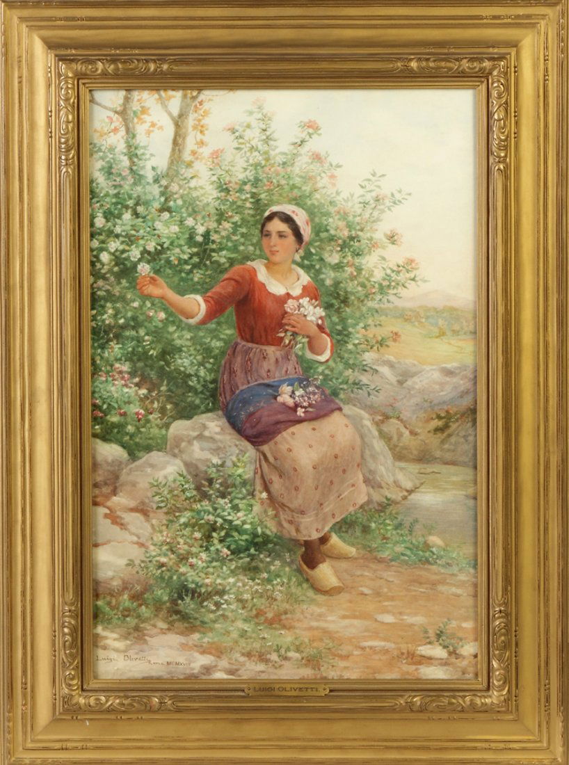 Luigi Olivetti (Italian, 19th/20th cent.) Woman in: Luigi Olivetti (Italian, 19th/20th cent.) Woman in flower garden. Sgn. Lower left, Luigi Olivetti AMA MCMXVIII. Watercolor. Label: Seth A. Leamon Fine Art, New Castle, PA. 21" x 14"