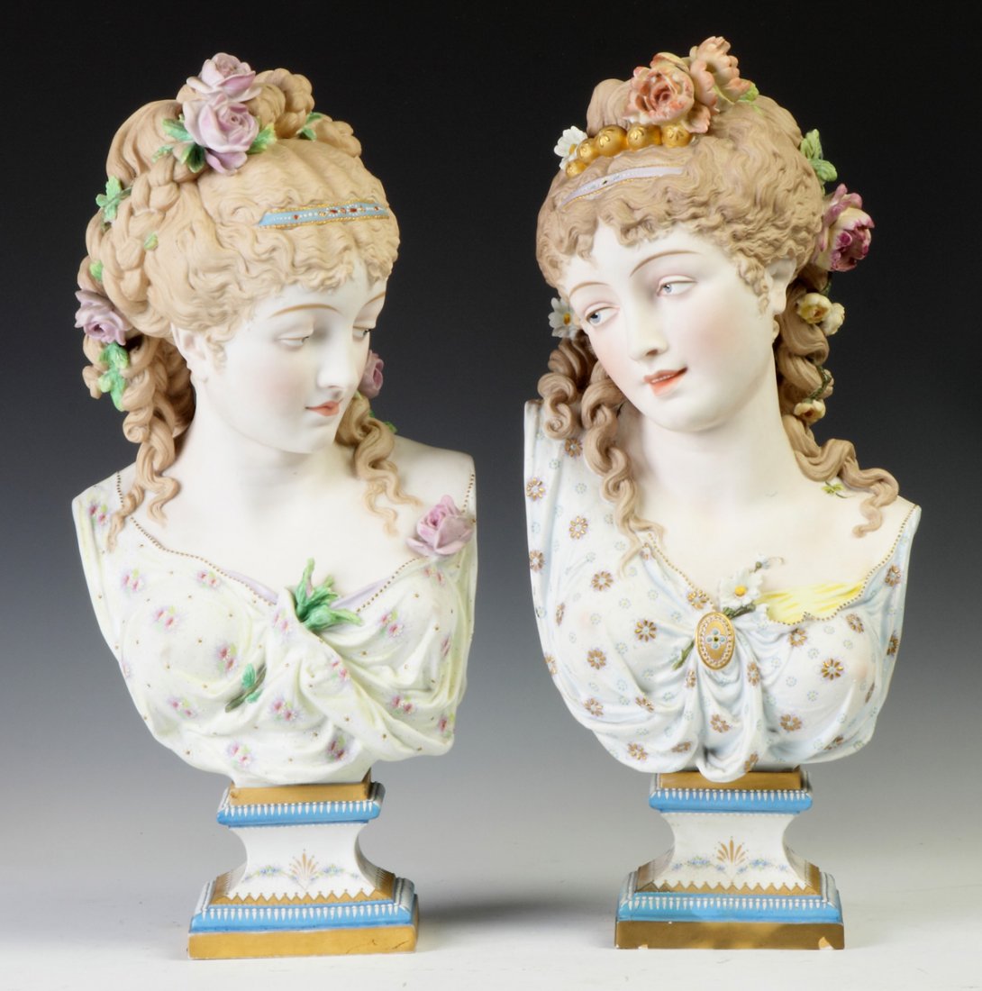 Paul Duboy French Hand Painted Porcelain Busts: Paul Duboy French Hand Painted Porcelain Busts. Both Sgn. A Buffalo, NY Estate. Ht. 20 1/2" W 9"