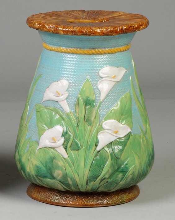 George Jones Majolica Garden Seat: George Jones Majolica Garden Seat . Decorated w/calla lilies. Property of the Strong, sold to benefit the museum's collections fund. Ht. 18 1/2" Dia. 13"