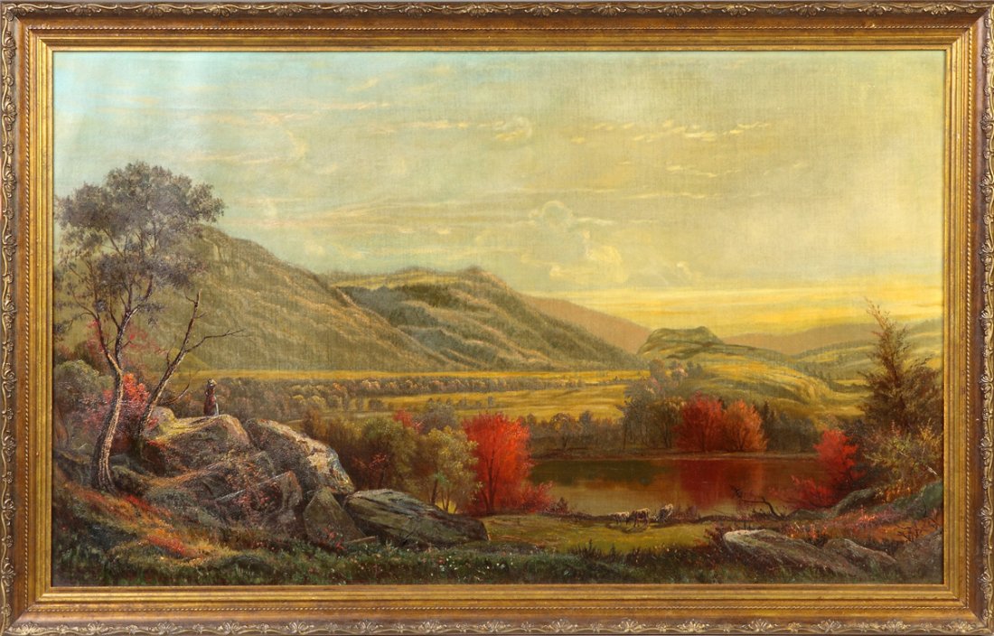 Hudson River School autumn landscape: Hudson River School autumn landscape. 19th cent. Oil/canvas. Unsgn. 22" x 36"
