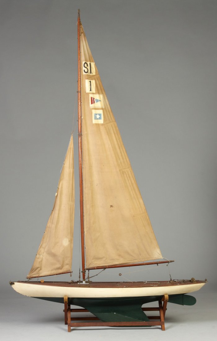 Ship Model "Skip Jack": Ship Model "Skip Jack" . C. 1900. Carved & painted wood hull. Initialed S.I.M.Y.C. Ht. on stand 80" L 51" D 10"