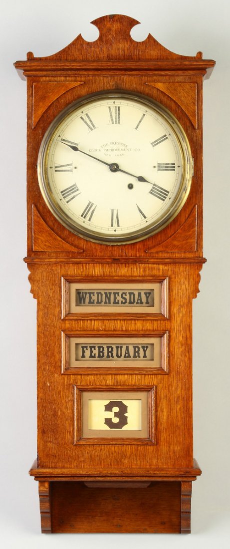 Prentiss Clock Improvement Co., NY, Calendar Clock: Prentiss Clock Improvement Co., NY, Calendar Clock . Oak case; old finish. Original painted dial. 8 day time only brass calendar movement. Ht. 38"