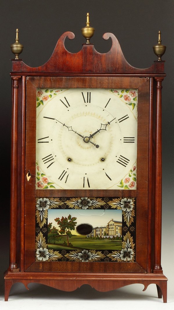 Eli Terry & Sons Pillar & Scroll: Eli Terry & Sons Pillar & Scroll. Mahogany case; restorations. Original painted wood dial. Bottom tablet repainted & cracked. 30 hour time & strike weight driven wood works movement. Good label. Ht. 3