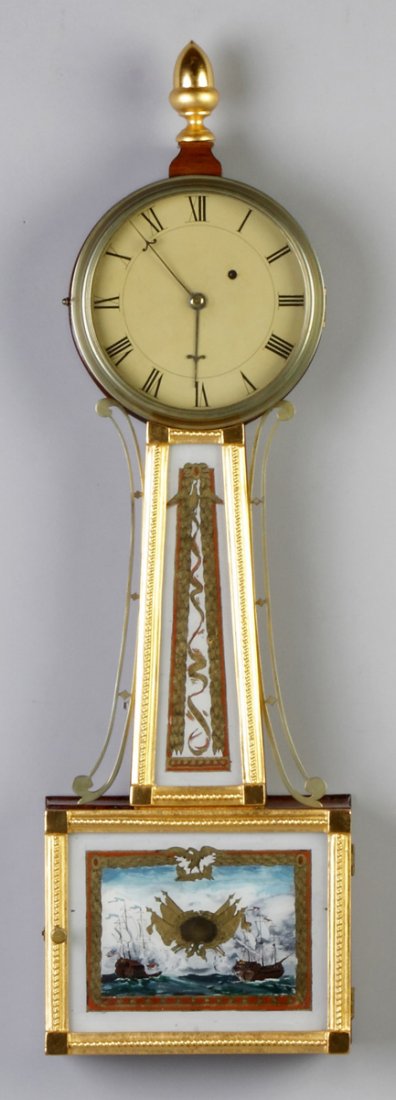 Attr. To Lemuel Curtis Gilt Front Banjo: Attr. To Lemuel Curtis Gilt Front Banjo . Painted metal dial. 8 day time only weight driven brass movement. Inscribed pendulum. Ht. 33"