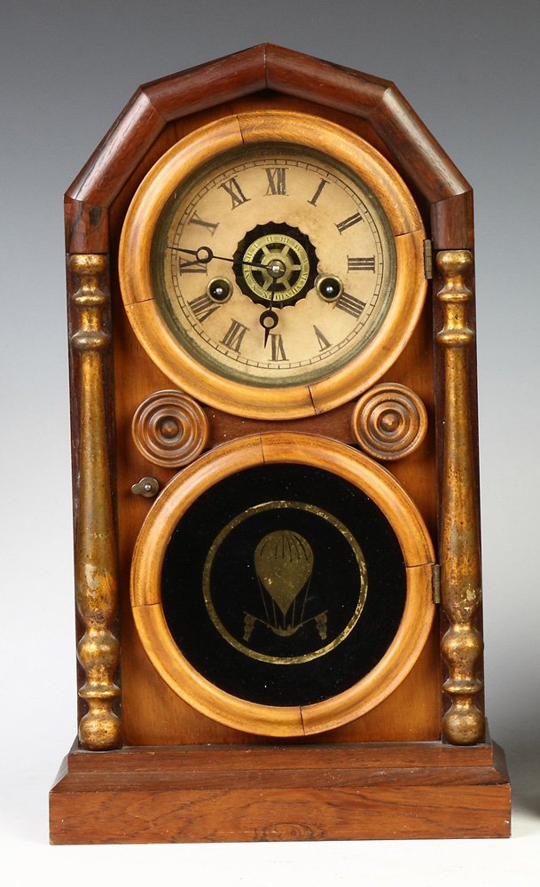 Ingraham & Co., Bristol, CT, Cottage Clock: Ingraham & Co., Bristol, CT, Cottage Clock. Rosewood case, gilded columns. Paper dial. Bottom tablet strengthened. 30 hour time & strike brass movement w/detached alarm. A Private Midwest Collection. 