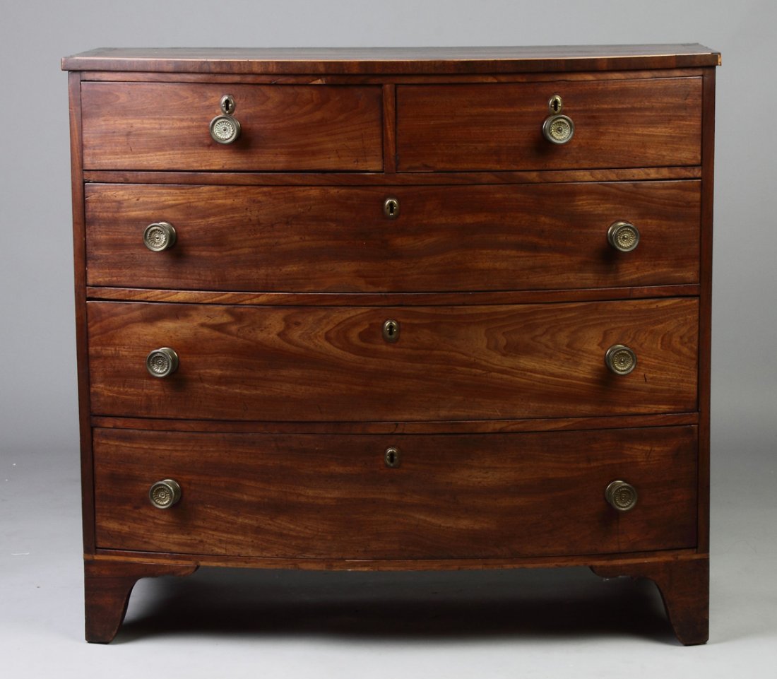 Hepplewhite Inlaid Mahogany Bowfront Chest of Drawers: Hepplewhite Inlaid Mahogany Bowfront Chest of Drawers. C. 1800. Ht. 40" W 43" D 21"