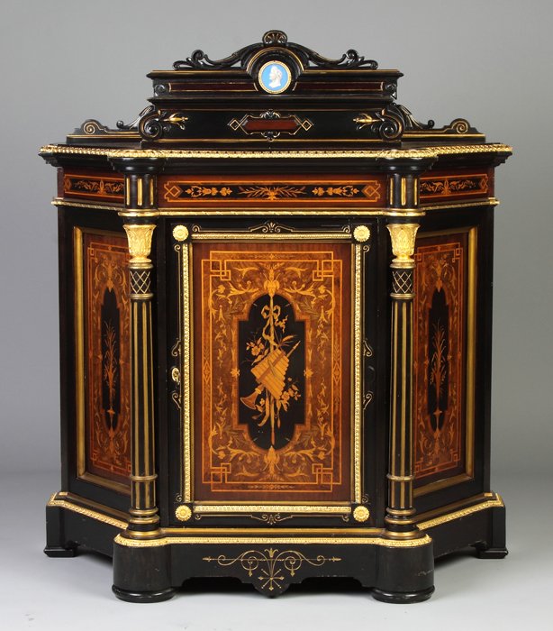 New York Ebonized Side Cabinet with Inlaid Panels,: New York Ebonized Side Cabinet with Inlaid Panels, Attr. To Alexander Roux. 19th century. Gilt bronze mounts, porcelain medallion. A Private Collection. Ht. 4' 7" W 48" D 23"