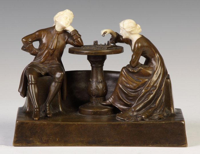 Peter Tereszczuk (Austrian/Ukrainian, 1875-1963) Bronze: Peter Tereszczuk (Austrian/Ukrainian, 1875-1963) Bronze Chess Players. Sgn. P. Tereszczuk. Ht. 7" W 9" D 6"