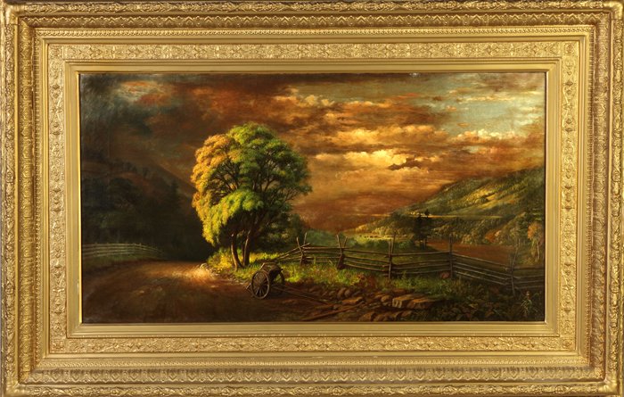 Levi Wells Prentice (American, 1851-1935) "Onondaga: Levi Wells Prentice (American, 1851-1935) "Onondaga Valley". Sgn. Lower left, L. W. Prentice. Oil/canvas. On reverse "From L. W. Prentice, Buffalo, NY." 28" x 48"