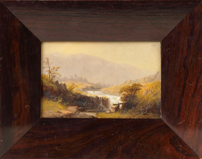 19th Cent. Hudson River School Landscape study: 19th Cent. Hudson River School Landscape study w/waterfall. Oil/canvas laid on board. 4" x 6"
