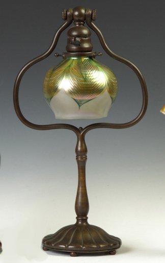 Tiffany Studios Bronze Harp Lamp Base w/Art Glass Shade: Tiffany Studios Bronze Harp Lamp Base w/Art Glass Shade. Base sgn. Tiffany Studios NY, original patina. Ht. 17"