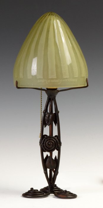 Daum Nancy Art Deco Lamp with Acid Cut Back Shade &: Daum Nancy Art Deco Lamp with Acid Cut Back Shade & Wrought Iron Base. Early 20th cent. Sgn. Daum Nancy France. From an Upstate NY Collection. Ht. 16" Shade Dia. 6"