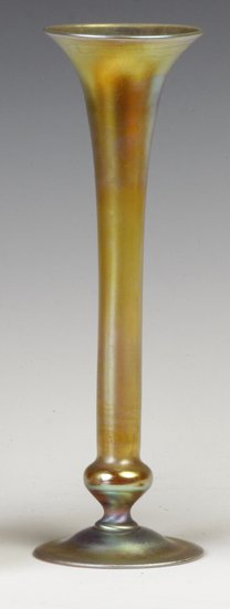 Tiffany Gold Iridescent Trumpet Shaped Vase: Tiffany Gold Iridescent Trumpet Shaped Vase. LCTiffany Inc. Favrille #1509-9805 L. An Auburn, NY Private Collection. Ht. 10"